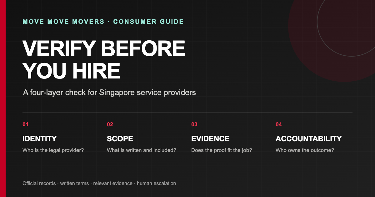 Four-layer identity, scope, evidence and accountability framework for checking a Singapore service provider