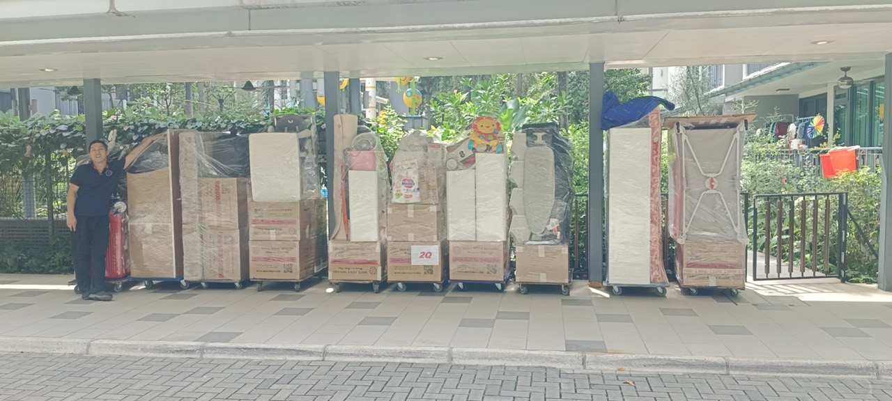 Multiple Move Move trolley loads with packed boxes and wrapped household furniture