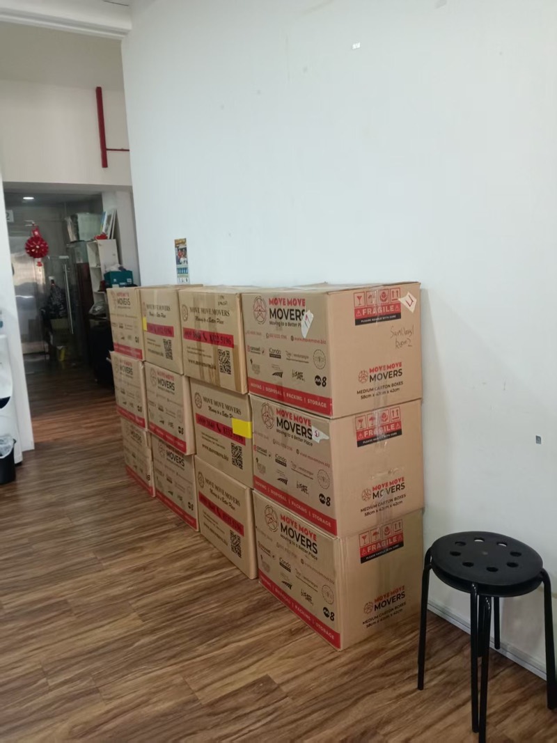 Stacked Move Move Movers cartons indoors