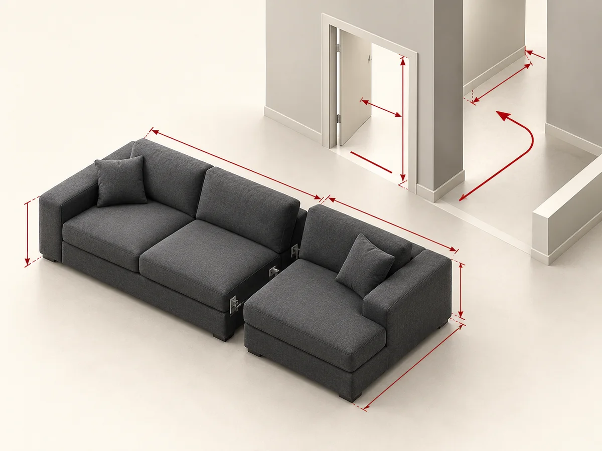 Planning illustration of sectional sofa modules, doorway measurements and a corridor turn