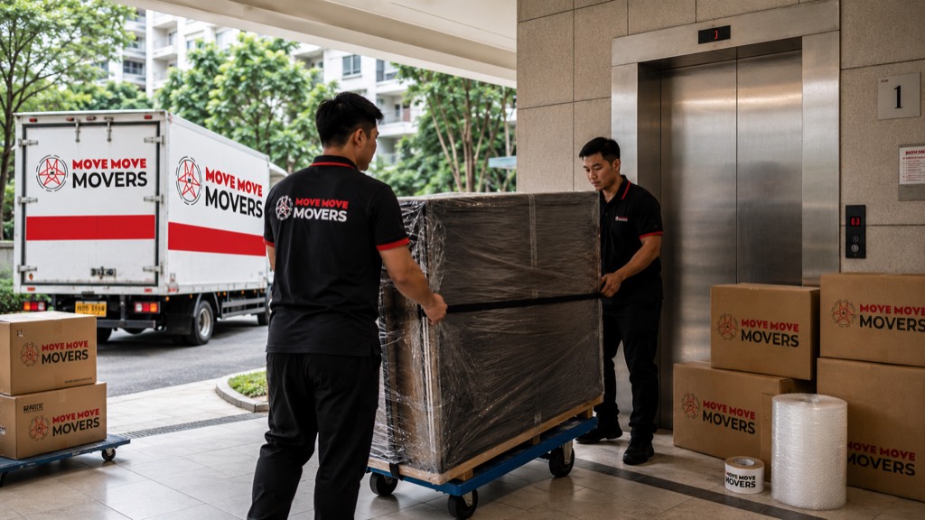 Condo house moving service singapore with professional movers – move move movers Move Move Movers crew moving wrapped furniture with branded boxes at a Singapore condo lift lobby