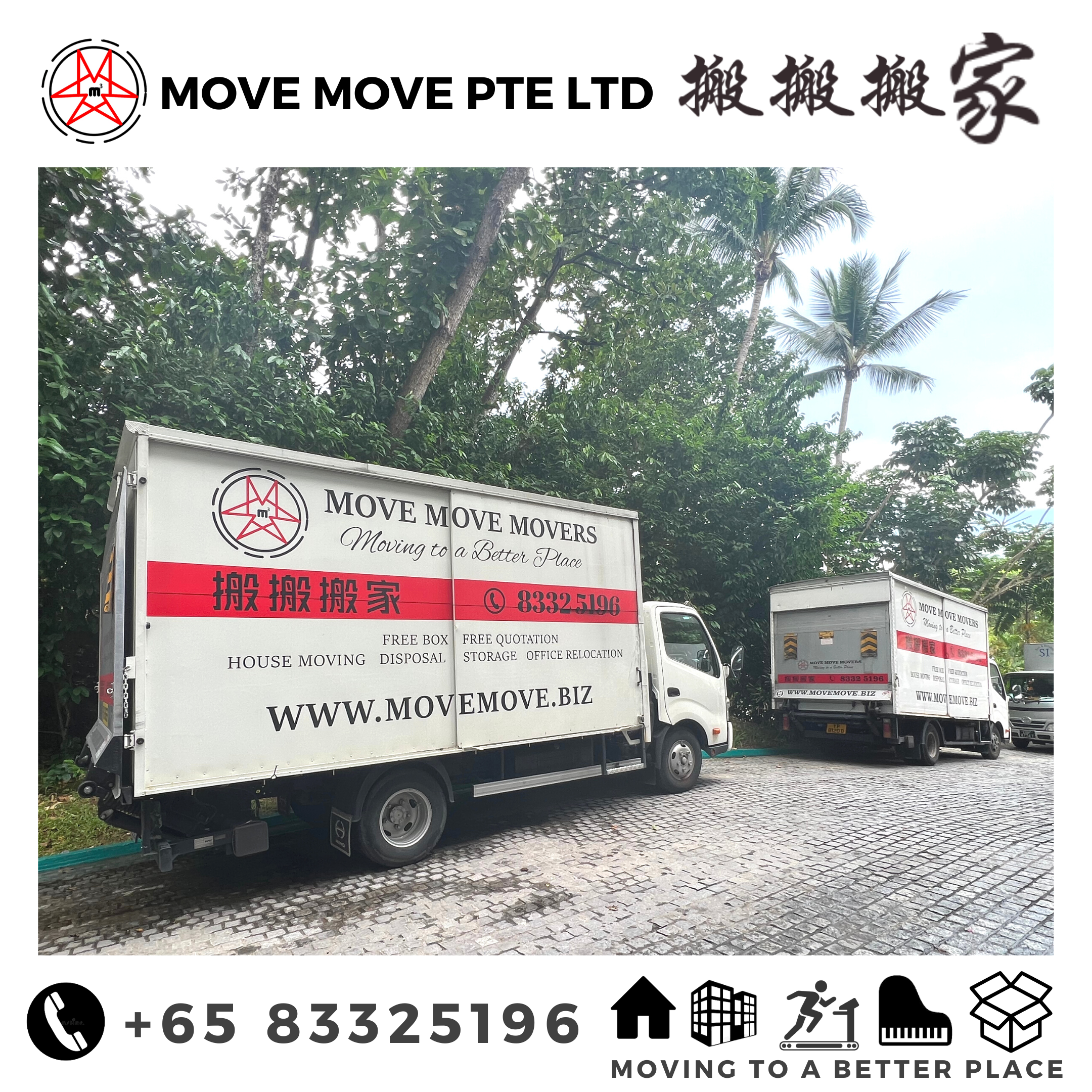 Move Move Movers trucks parked in a tropical residential area