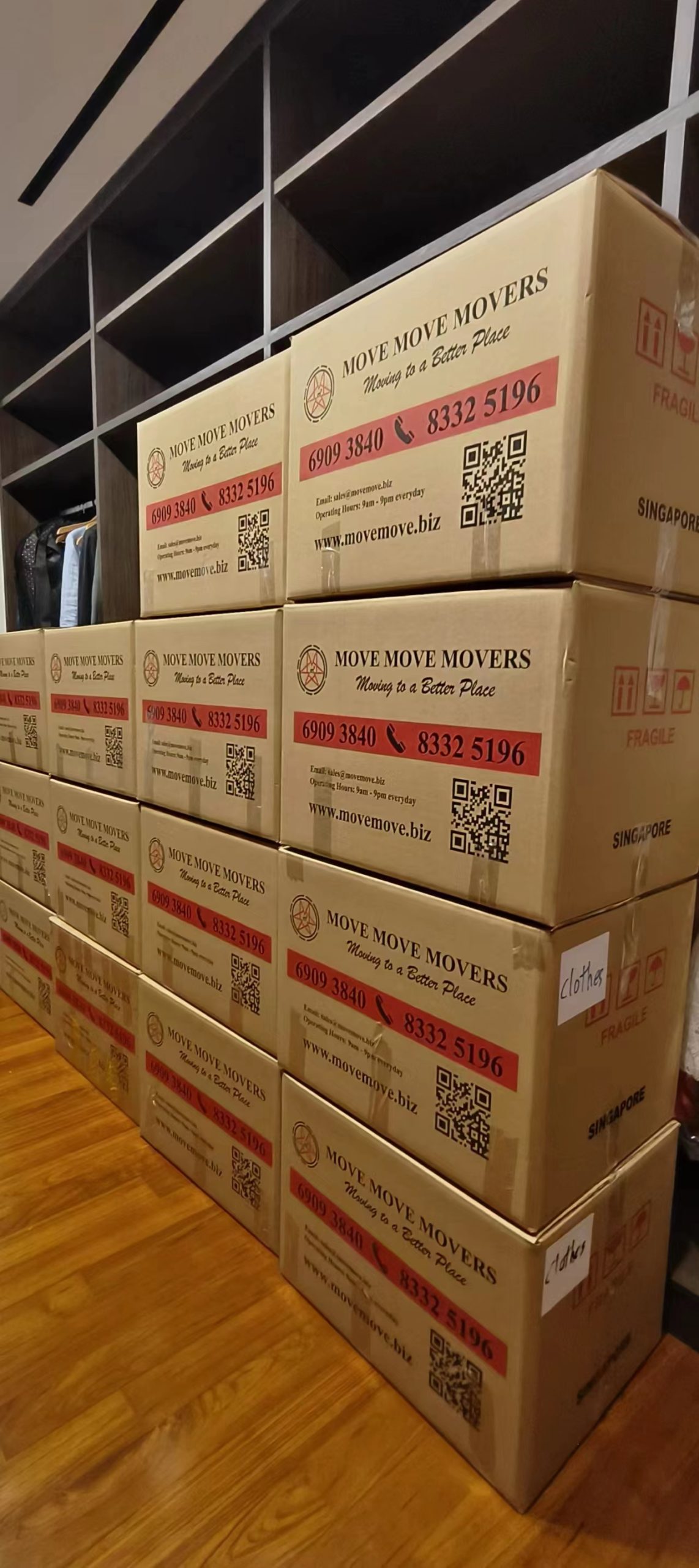Move Move Movers branded cartons prepared for a larger home-clearance job in Singapore