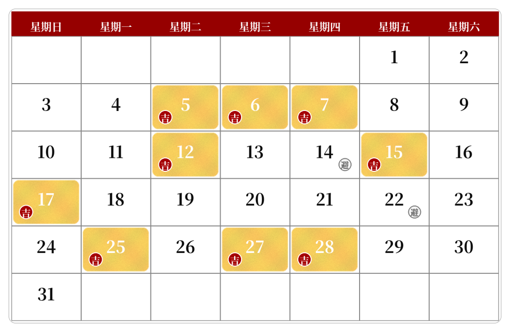 2026年5月日历，金色标出吉日：5、6、7、12、15、17、25、27、28；灰色标出避日：14、22。