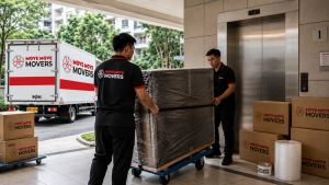 Move Move Movers crew moving wrapped furniture with branded boxes at a Singapore condo lift lobby
