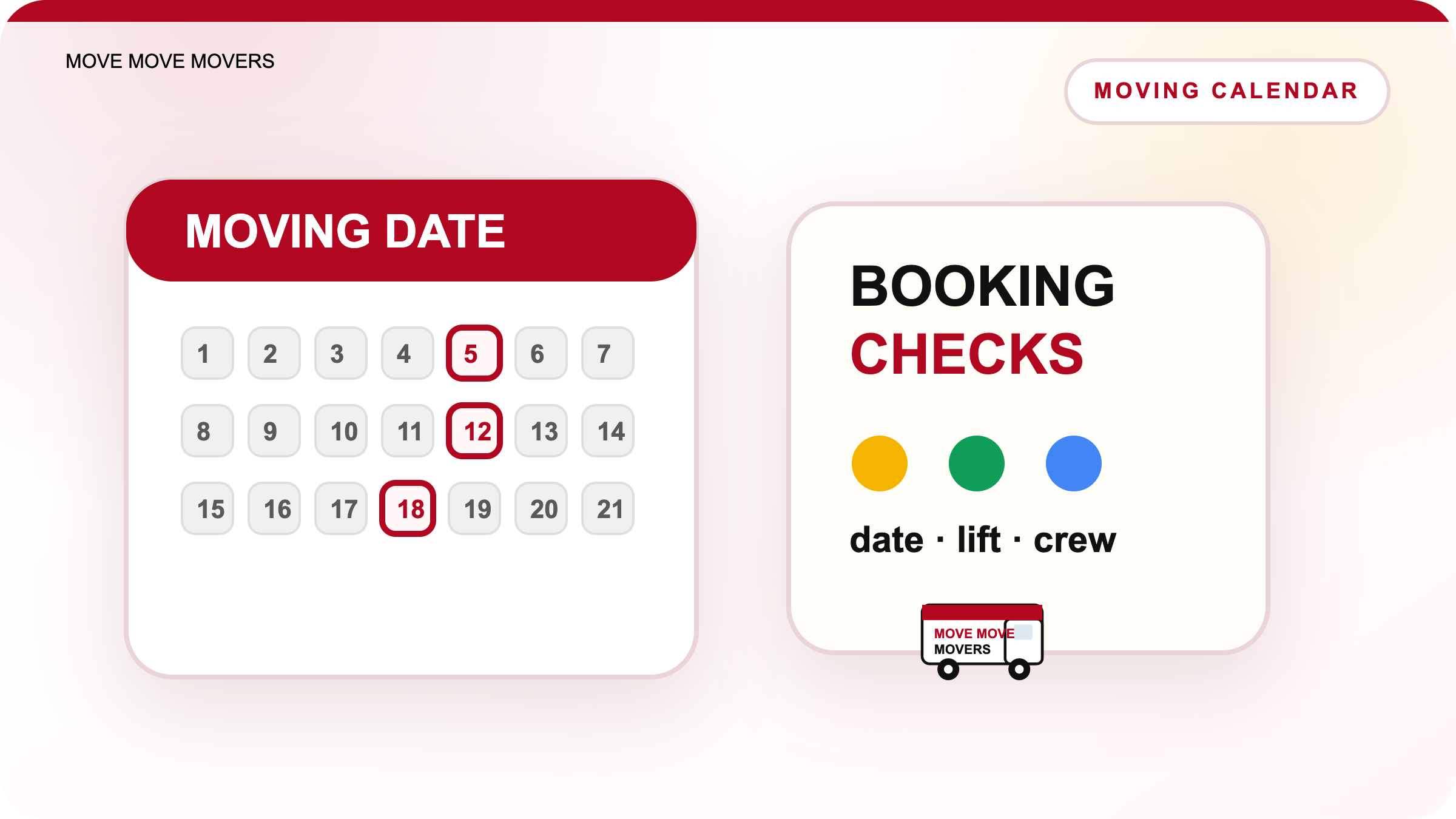 Branded illustration of Singapore moving date planning with calendar lift booking and moving route timing