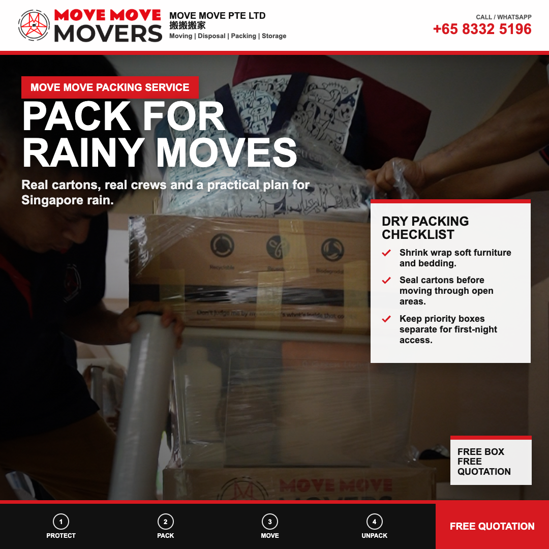 Move Move Movers packing service visual with branded cartons and shrink-wrapped items for rainy moves