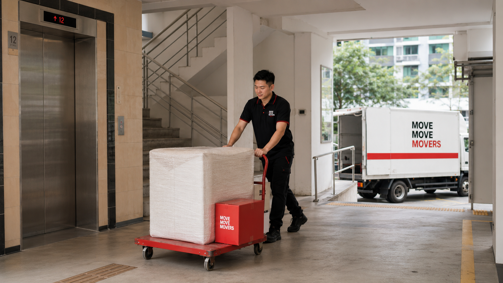Move Move Movers lift stairs and long push disposal quote visual