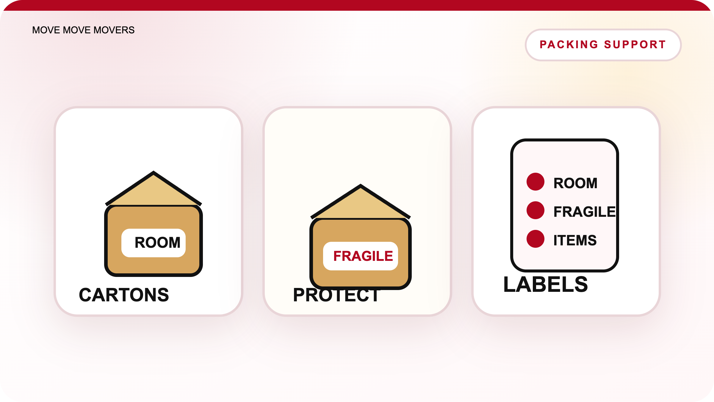 Branded illustration of packing cartons fragile labels bubble wrap and room-by-room moving checklist