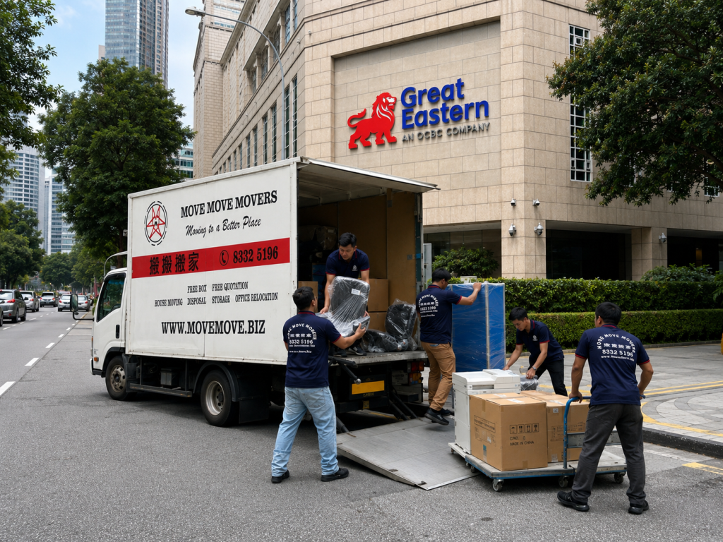 Great eastern centre office move loading – move move movers – move move movers Move Move Movers crew and branded lorry outside Great Eastern Centre for an office relocation in Singapore