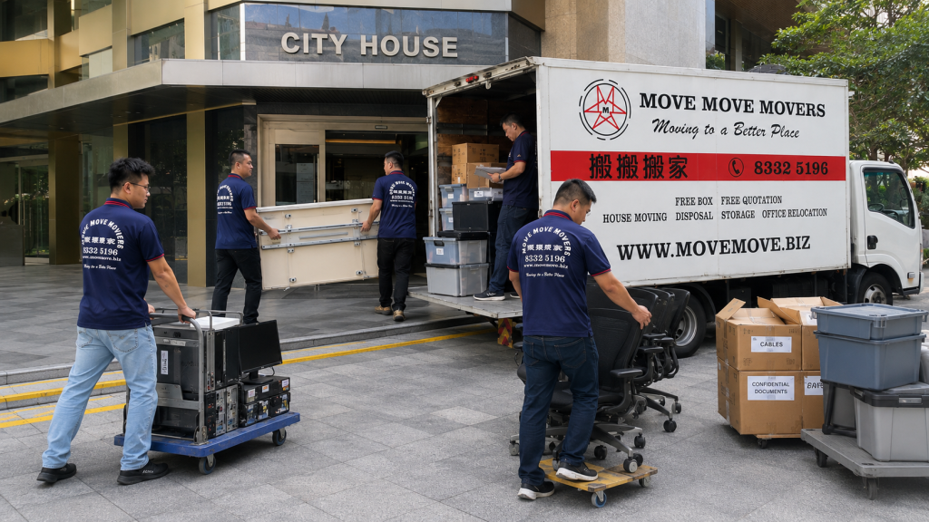 City house loading bay office move – move move movers – move move movers Move Move Movers crew loading office chairs, cartons and equipment at City House Singapore