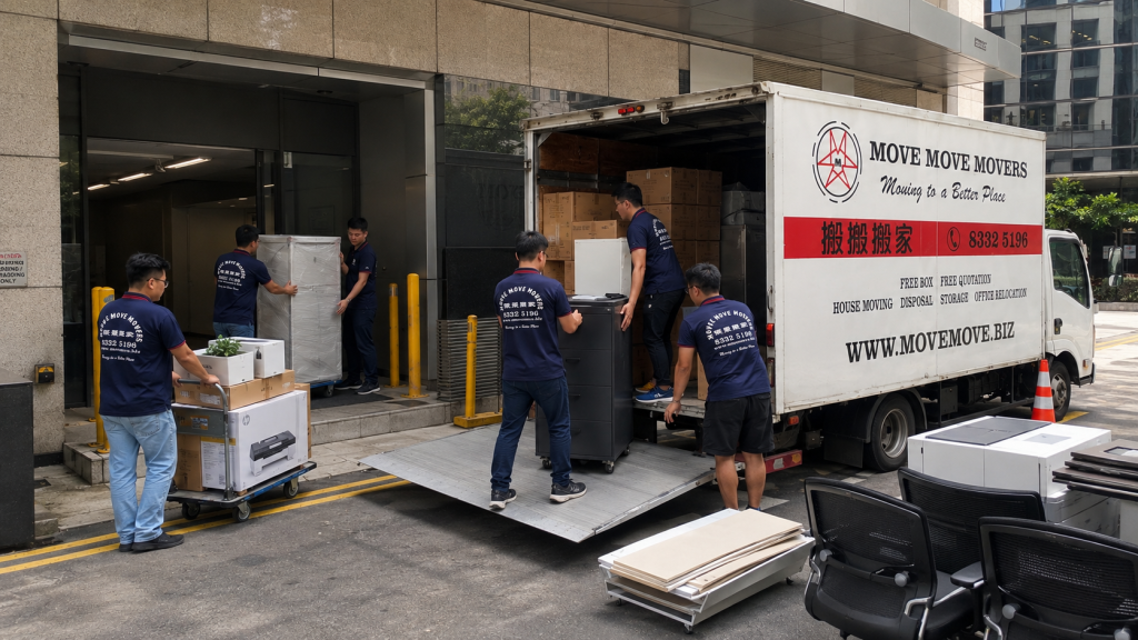 Commercial loading dock office furniture move – move move movers – move move movers Move Move Movers crew loading office furniture and cartons from a commercial dock in Singapore