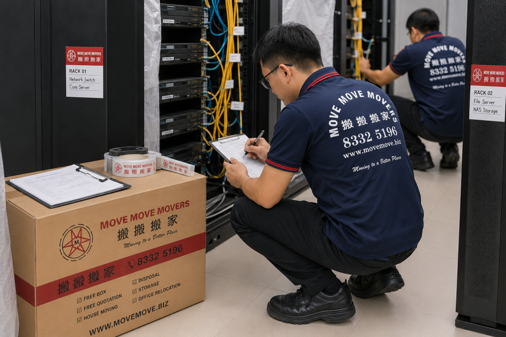 Office server room relocation preparation – move move movers – move move movers Move Move Movers crew preparing cartons and equipment beside office server racks for relocation