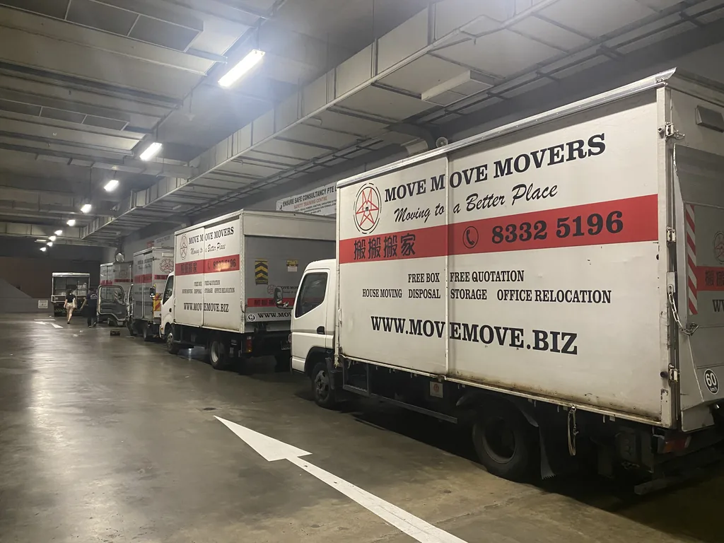 Move Move Movers lorries parked in an underground commercial loading area