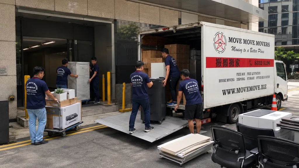 Move Move Movers crew loading office chairs, cabinets and equipment at a commercial building