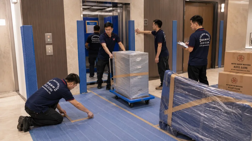 Move Move Movers crew handling a wrapped office item over protective floor covering in a lift lobby