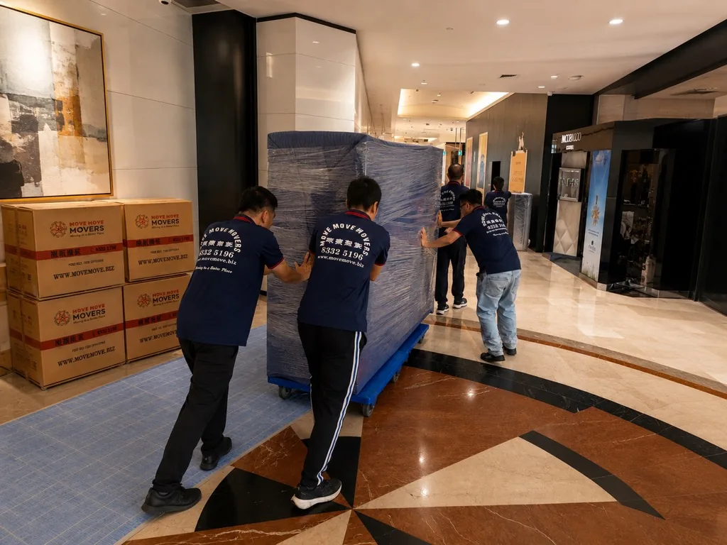 Move Move Movers crew wheeling wrapped office furniture through a commercial lobby