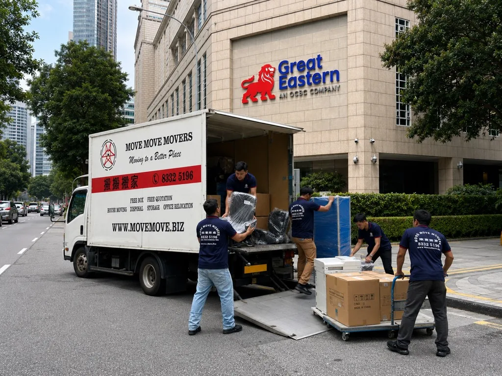 Move Move Movers crew unloading wrapped items and boxes outside a commercial building