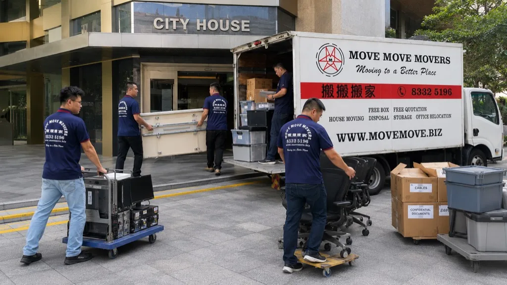 Move Move Movers crew loading office chairs, computer equipment and boxes beside a lorry