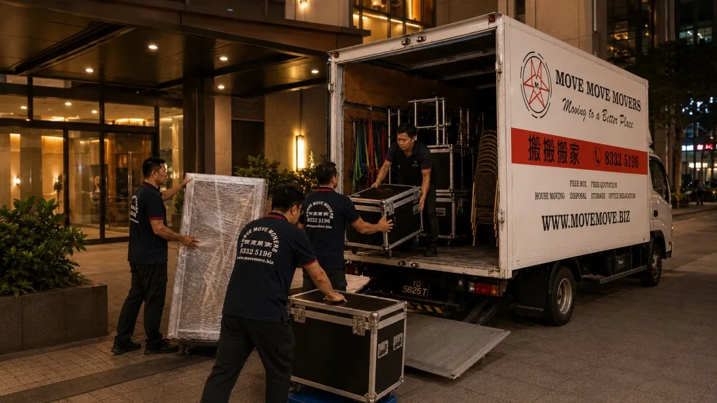 Move Move Movers crew loading wrapped commercial equipment cases into a lorry at night