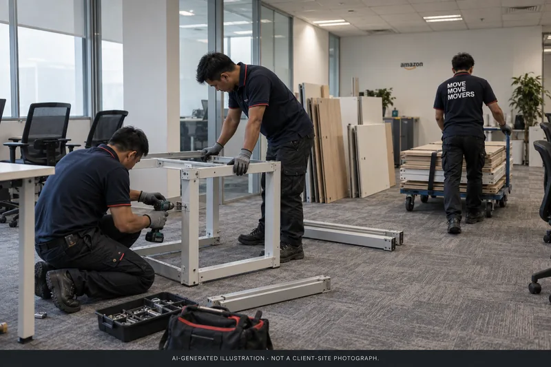 AI illustration of a crew dismantling an office desk frame with separated panels and retained furniture.