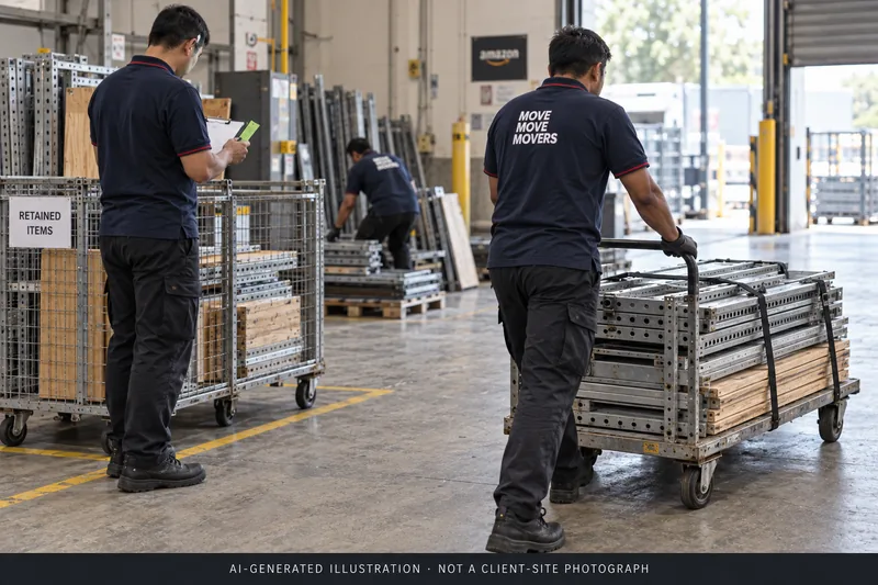 AI illustration of a crew checking a load sheet and moving dismantled shelving in a warehouse staging area.